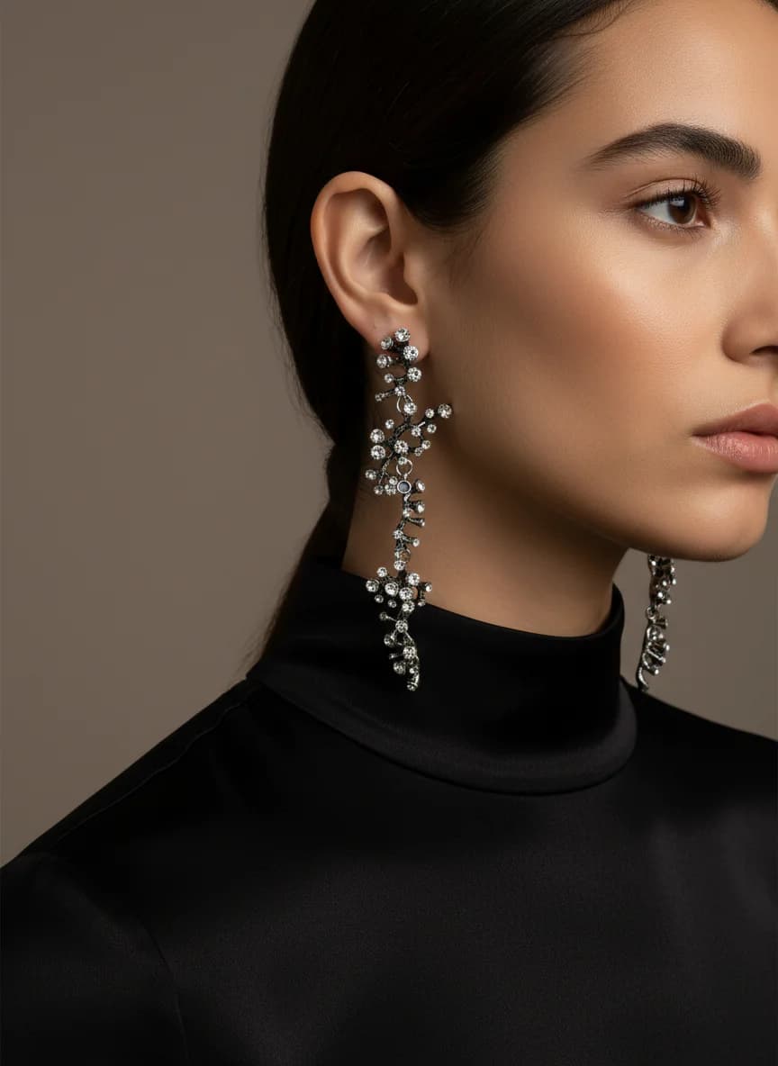 Işıltılı Dal Tasarım Gümüş Rengi Taşlı Sallantılı Küpe