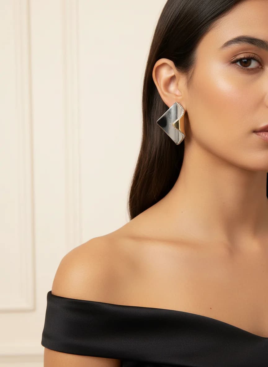 Modern İki Renkli Geometrik Altın Gümüş Zirkon Taşlı Küpe