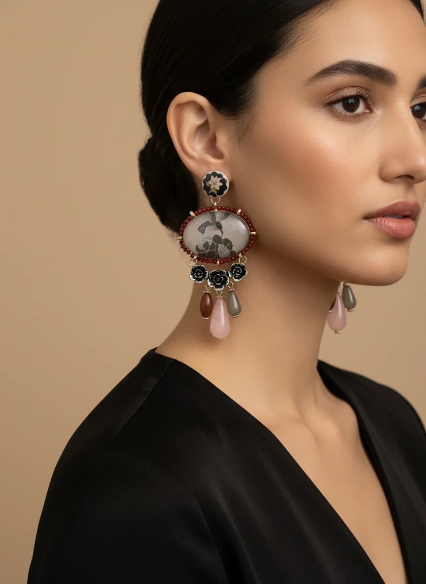 Bohem Kuş ve Çiçek Motifli El Yapımı Sallantılı Küpe