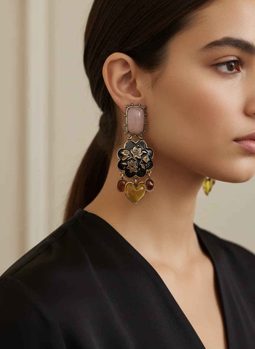 Pembe Kuvars Siyah Mineli Çiçekli Kalp Sallantılı Küpe