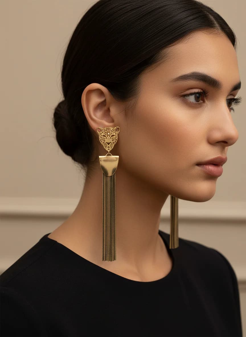 Leopar Başlı Altın Rengi Uzun Zincir Püsküllü Küpe