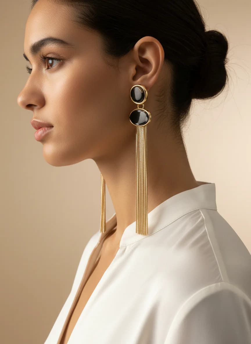 Asimetrik Desenli Taşlı Gold Zincir Sallantılı Küpe