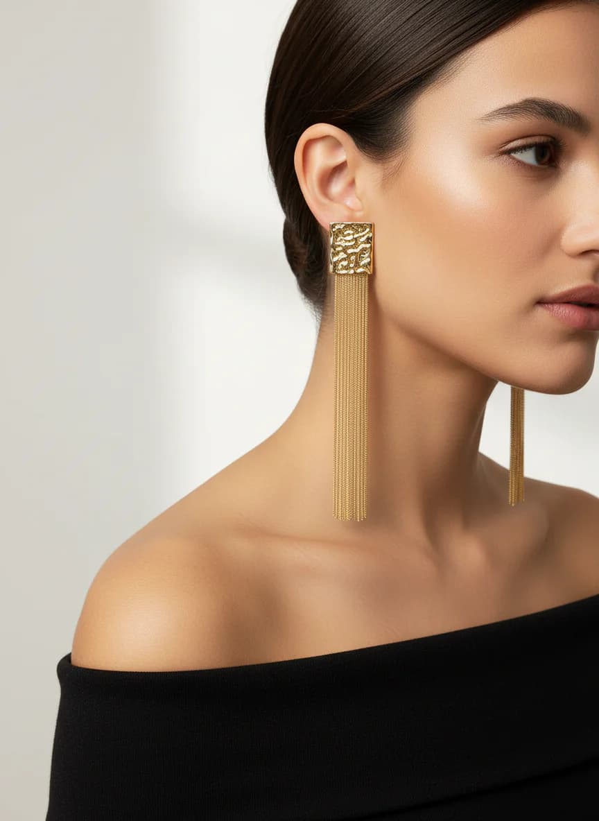 Altın Rengi Dokulu Kare ve Uzun Zincir Püsküllü Küpe