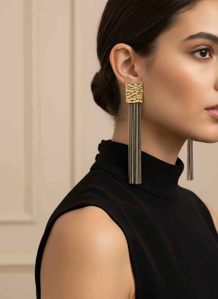 Şık Dokulu Altın Rengi Uzun Zincir Sallantılı Küpe