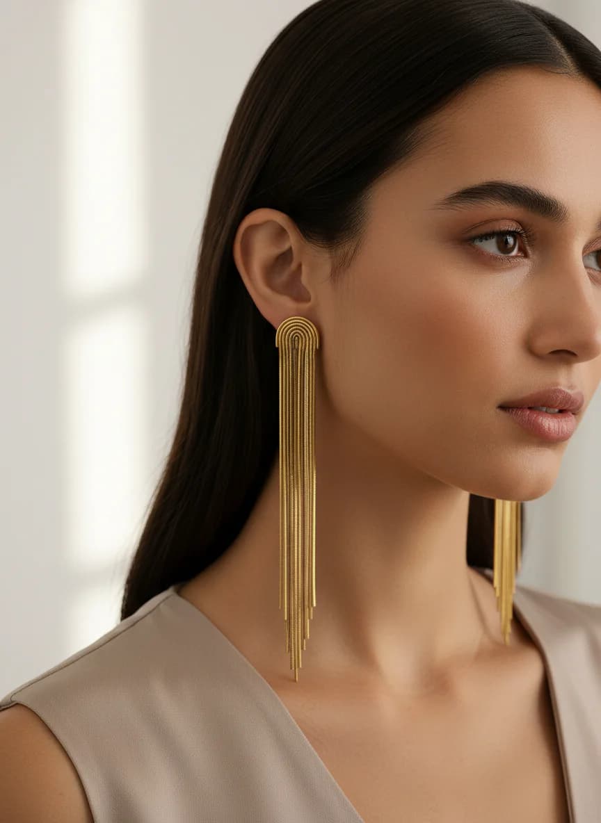 Altın Rengi Zincir Püsküllü Uzun Sallantılı Küpe