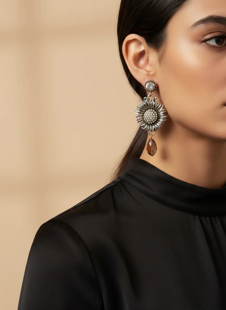 Antik Ayçiçeği Kristal ve Kahve Damla Küpe