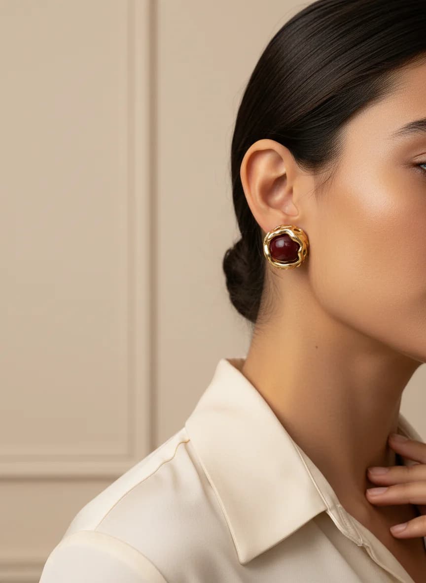 Şık Altın Rengi Burgulu Kırmızı Taşlı Küpe