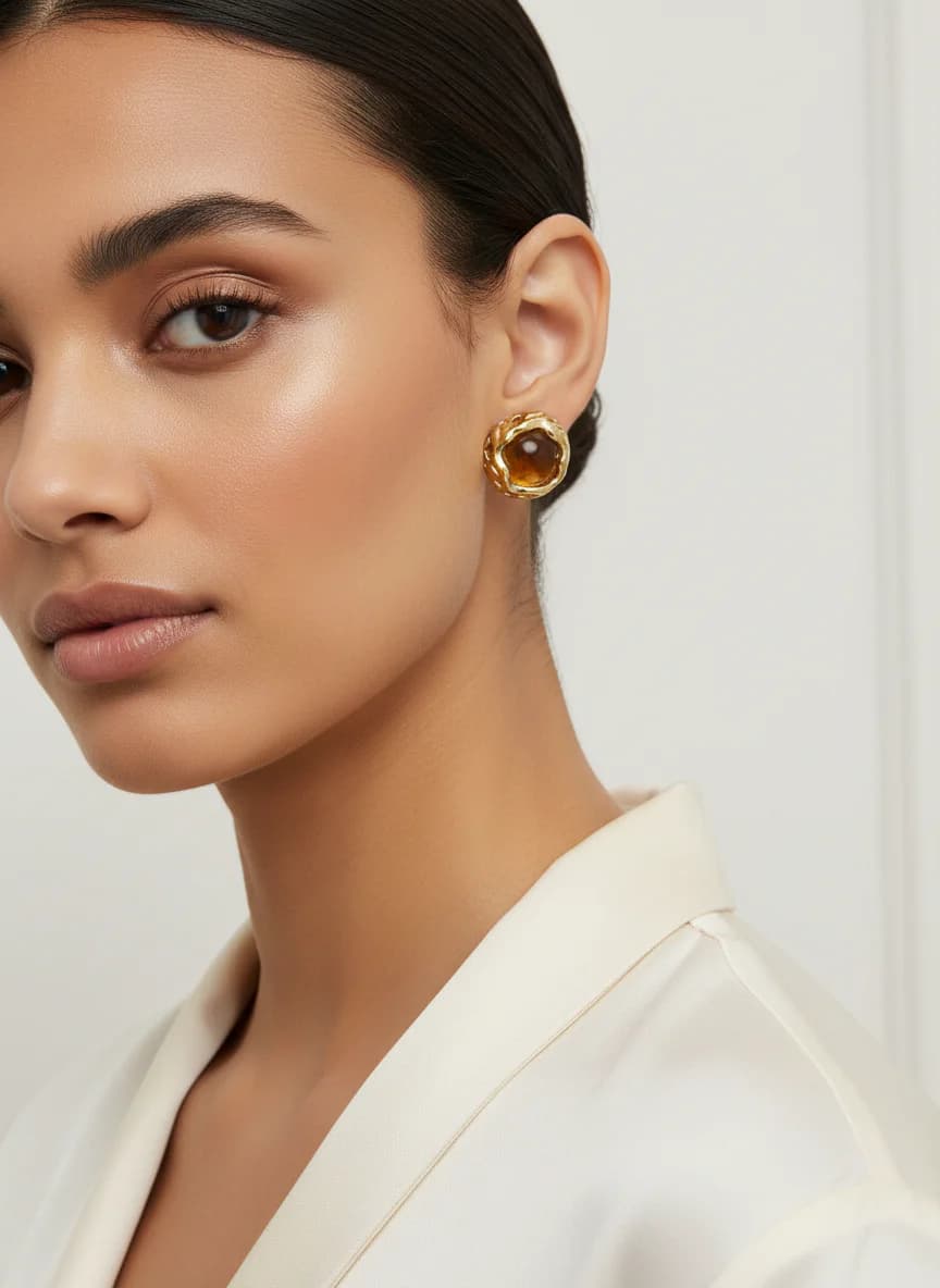 Altın Rengi Organik Kehribar Tasarımlı Kadın Küpe