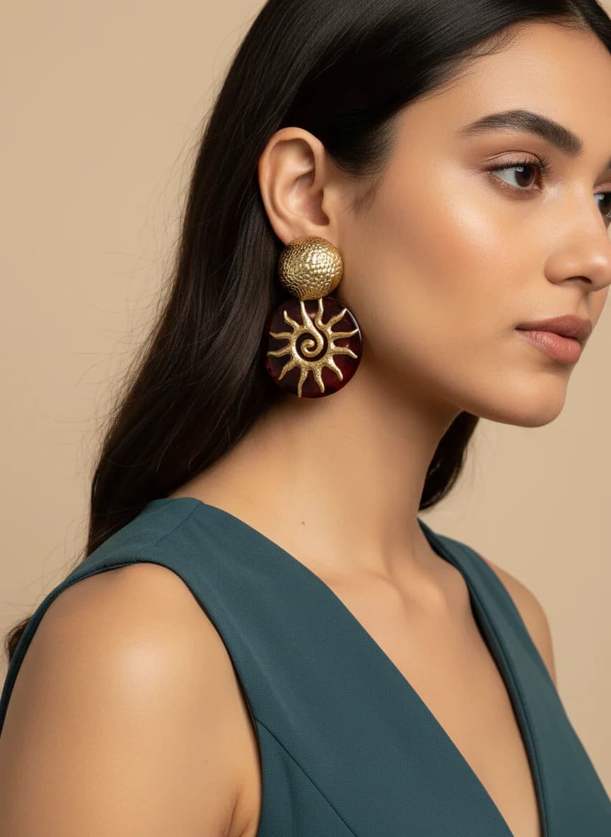 Bohem Altın Güneş Detaylı Kırmızı Sallantılı Küpe