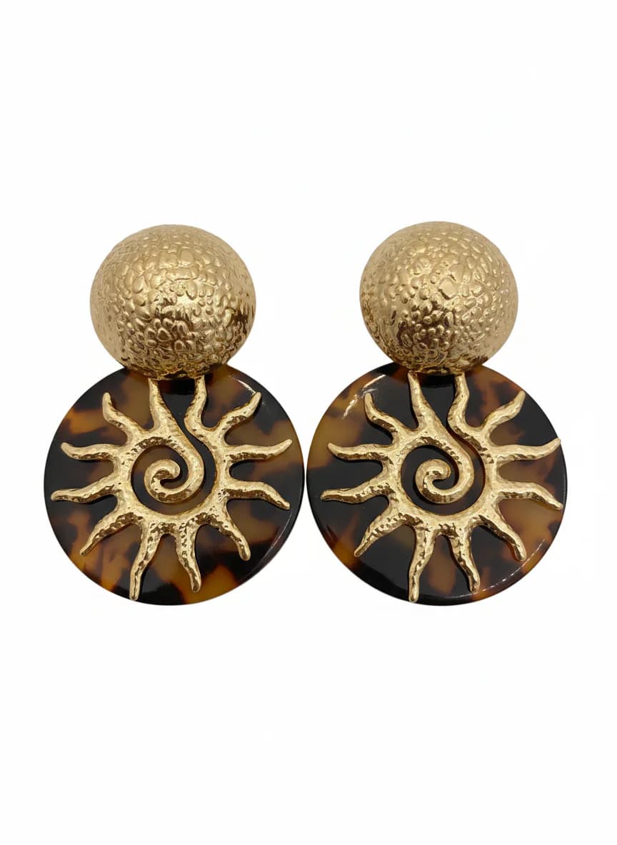 Altın Top & Kaplumbağa Desenli Güneş Motifli Sarkıt Küpe