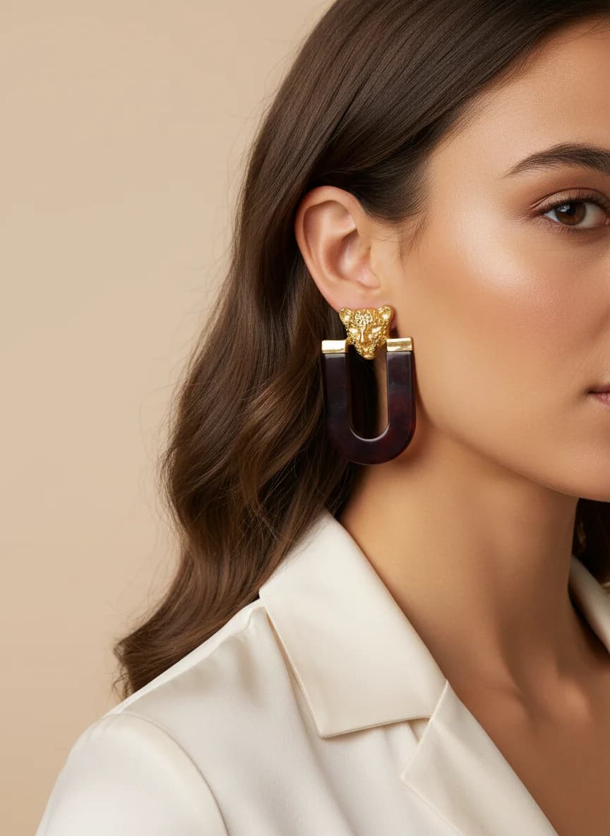 Gold Leopar Başlı Kahverengi Akrilik Statement Küpe