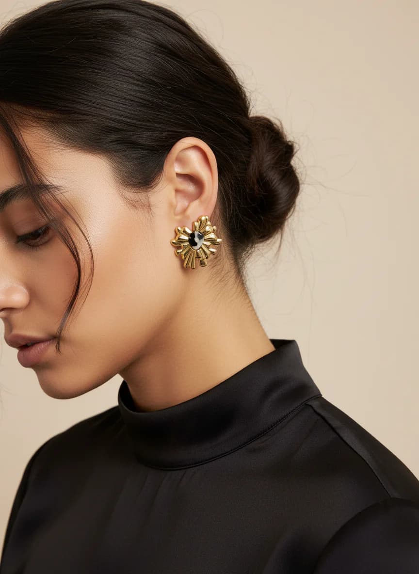 Gold Rengi Marbling Taşlı Özel Tasarım Kadın Küpesi