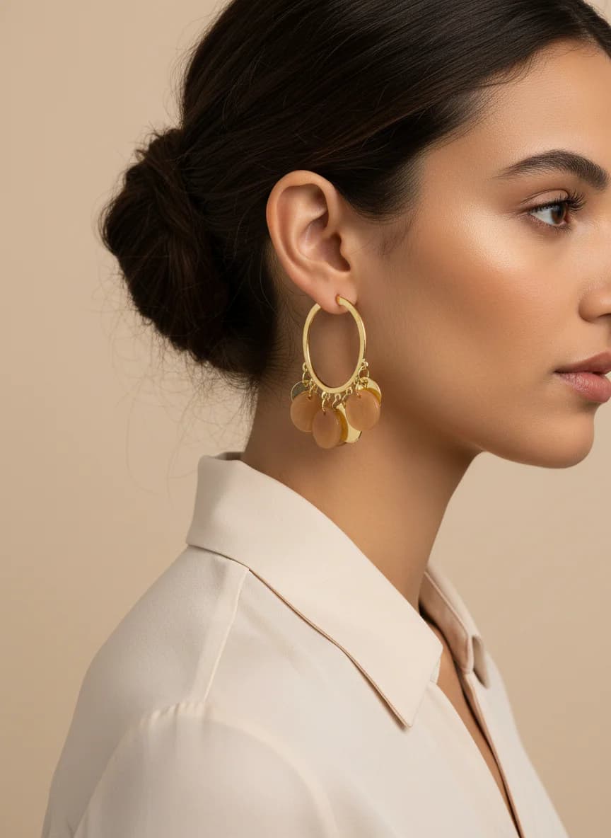 Altın Rengi Sallantılı Şeftali Tonlu Halka Küpe