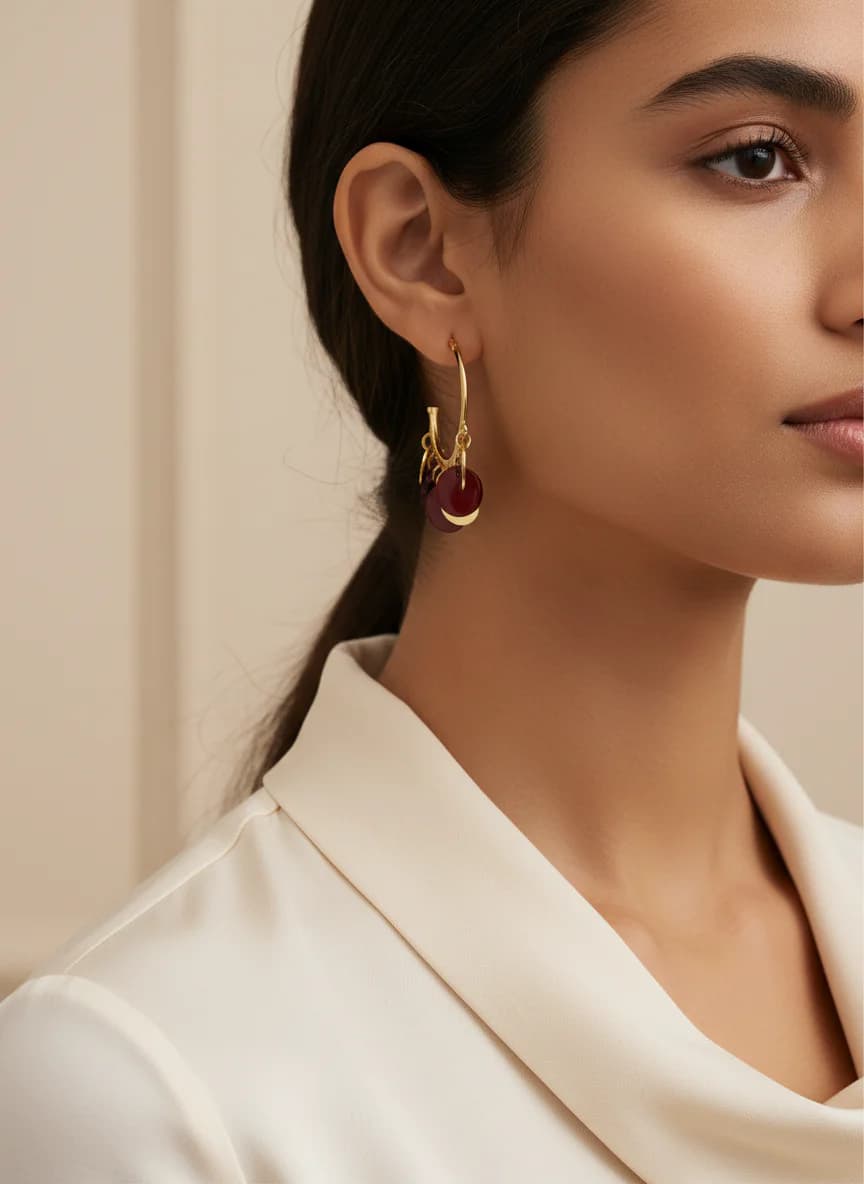 Altın Rengi Halka Küpe, Kırmızı Disk Sallantılı