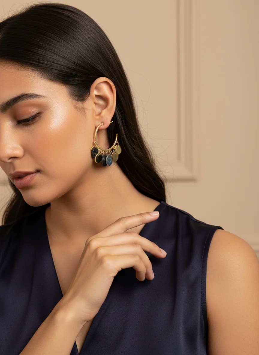 Altın Siyah Diskli Sallantılı Halka Küpe