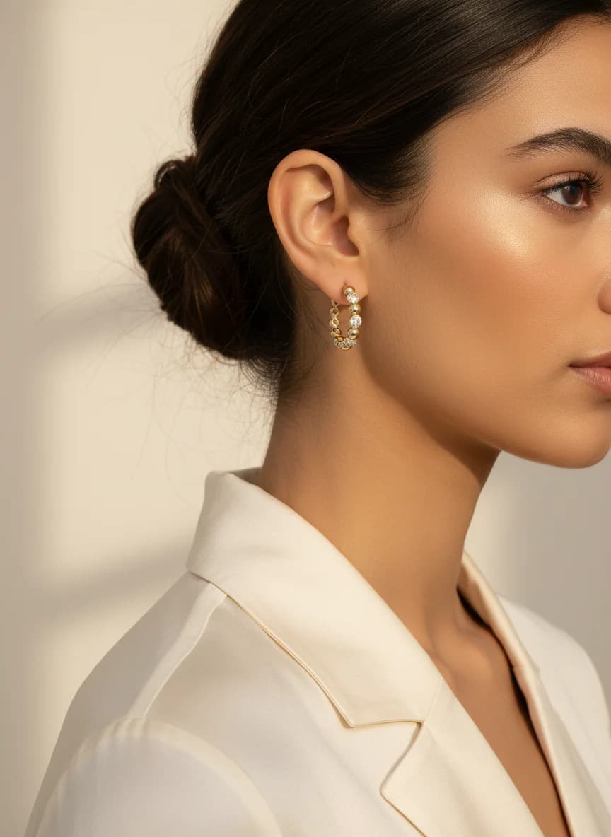 Altın Kaplama Taşlı Boncuk Detaylı Halka Küpe