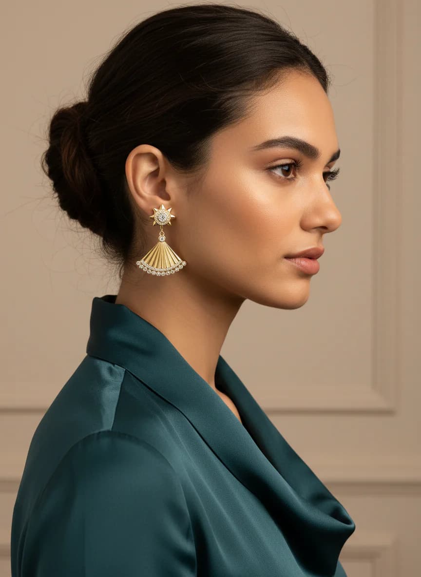 Altın Renk Yıldız ve Yelpaze Zirkon Taşlı Sallantılı Küpe