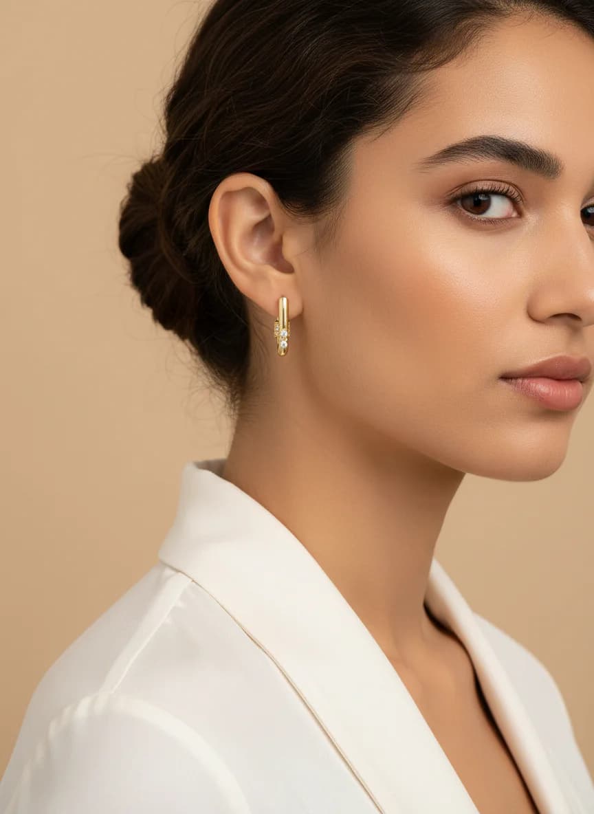 Zarif Altın Rengi Taşlı Minimal Halka Küpe