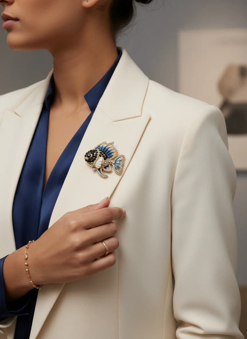 Mavi Emaye Siyah Taşlı Şık Balık Broş Yaka İğnesi