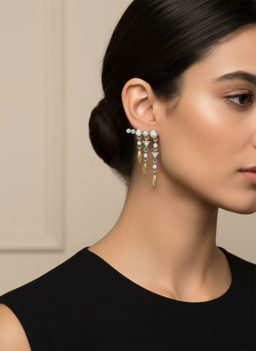 İki Renkli Zirkon Taşlı Altın Detaylı Sallantı Küpe