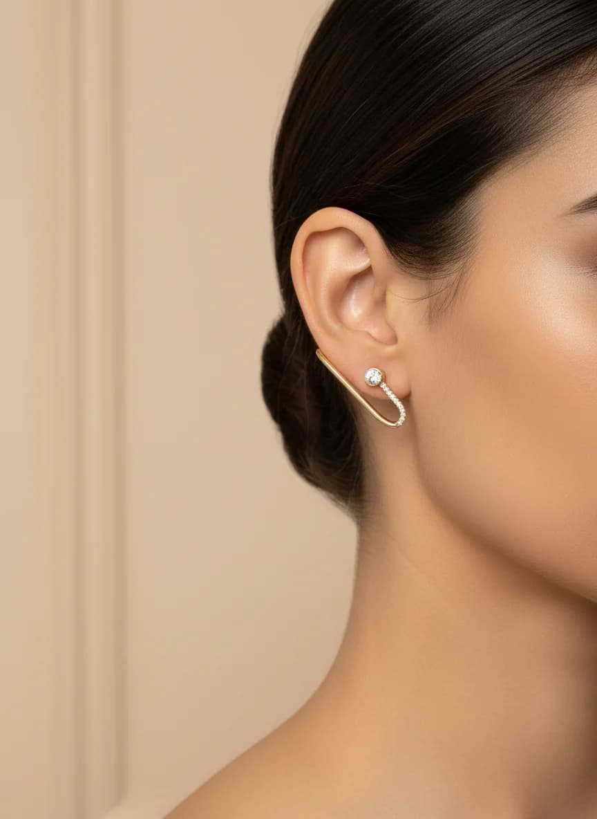 Şık Taşlı Altın Rengi Kulak Sarma Küpe