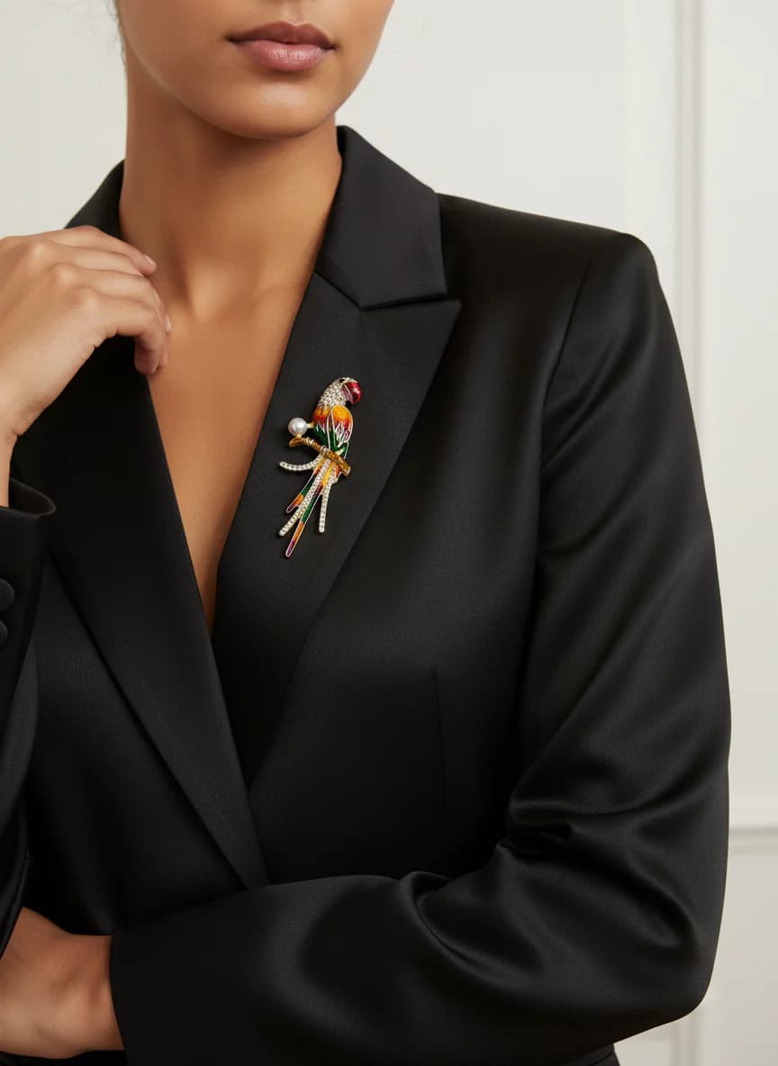 Renkli Papağan Broş | Altın Tonlu, Kristal ve İnci Detaylı