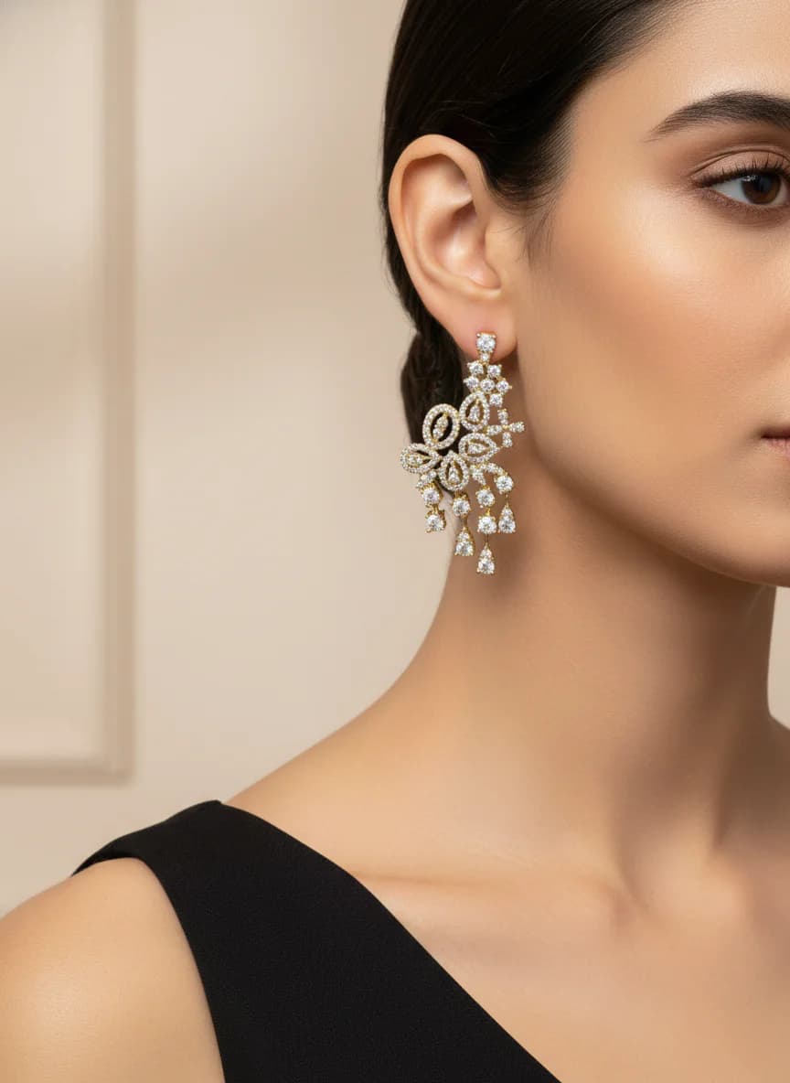 Altın Rengi Zirkon Taşlı Özel Tasarım Sallantılı Küpe