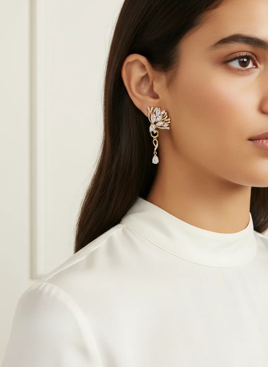 Zarif Altın Rengi Zirkon Taşlı Yaprak Damla Sallantılı Küpe