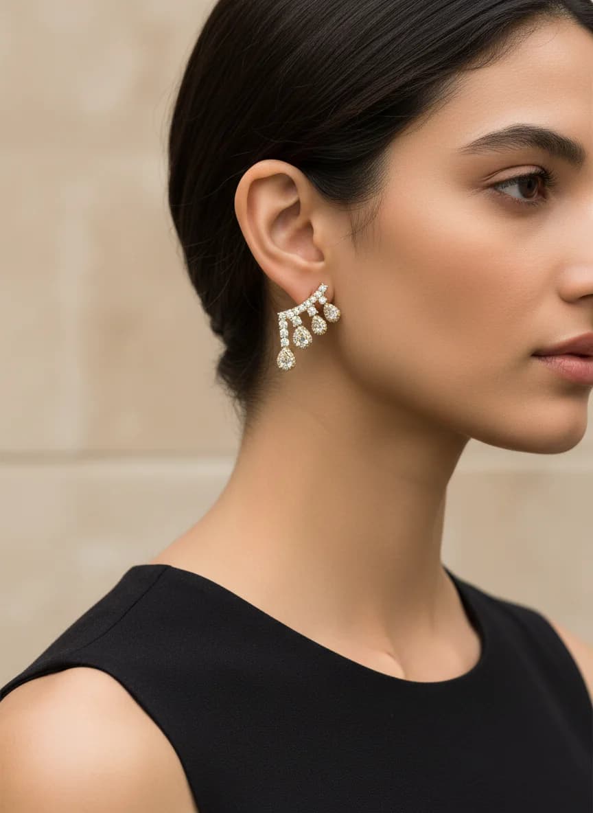 Zirkon Taşlı Altın Rengi Sallantılı Damla Küpe