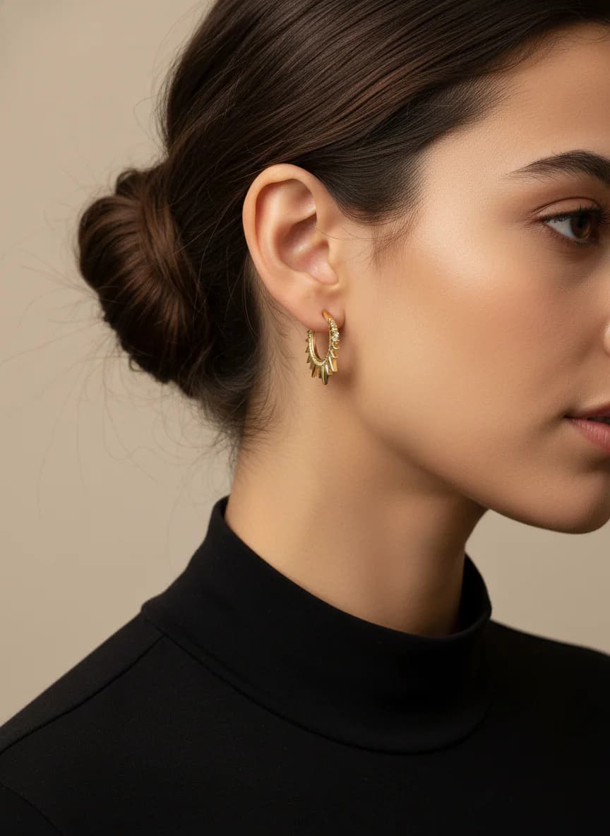 Altın Rengi Çivili Zirkon Taşlı Modern Halka Küpe