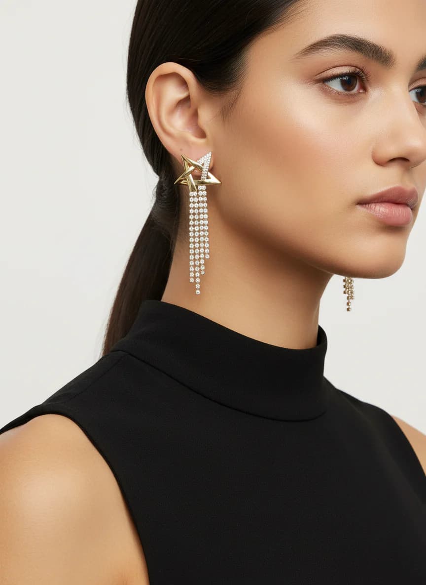 Şık Yıldız Tasarımlı Zirkon Taşlı Altın Rengi Sallantılı Küpe