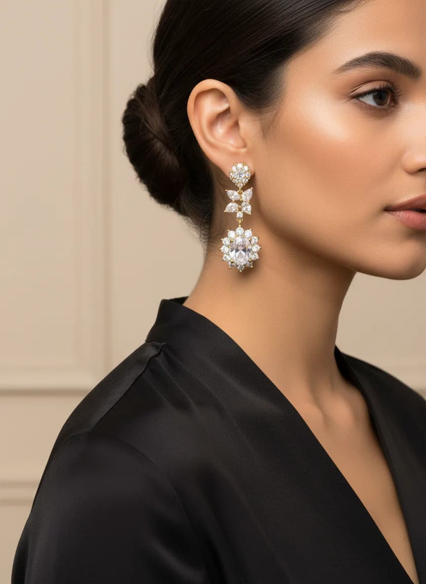 Göz Alıcı Zirkon Taşlı Altın Rengi Kelebek & Çiçek Sallantılı Küpe