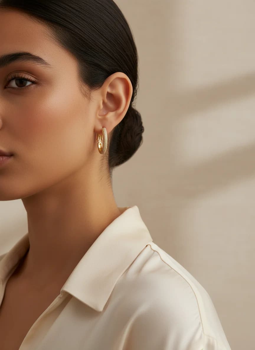 Altın Rengi Taşlı Halka Küpe | Parlak Zirkon Kadın Küpe