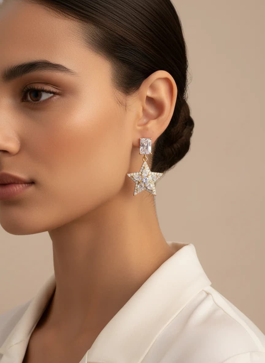 Altın Rengi Dikdörtgen Yıldız Sallantılı Zirkon Küpe