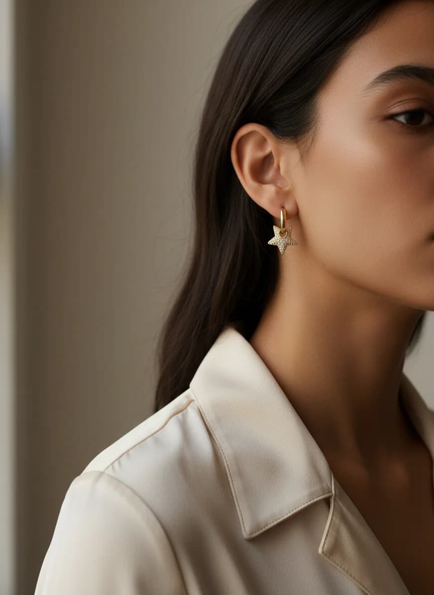 Taşlı Yıldız Sallantılı Altın Rengi Halka Küpe