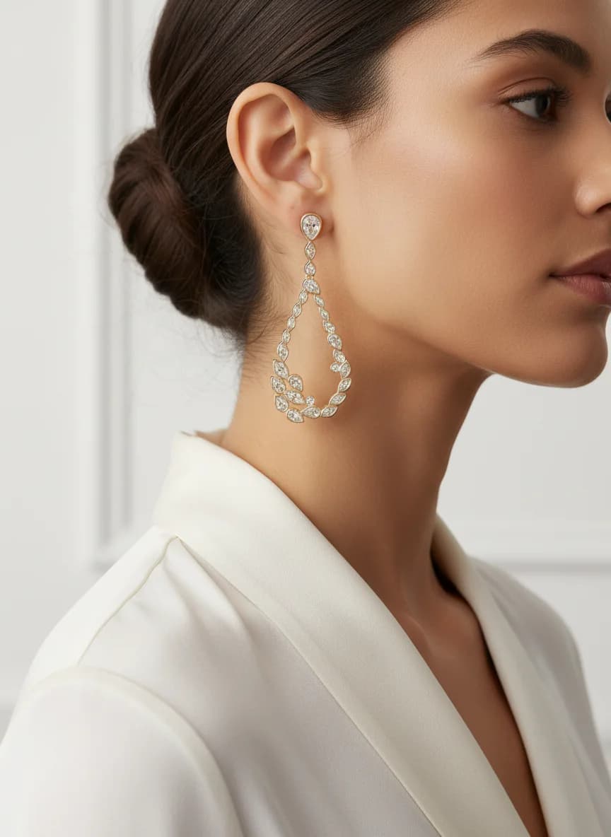 Altın Rengi Damla Taşlı Abiye Sallantılı Küpe