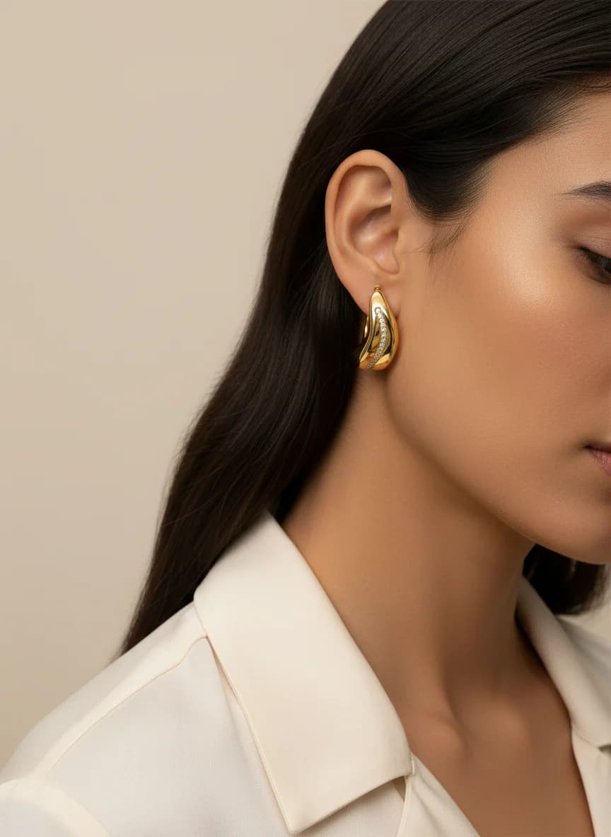 Altın Kaplama Taşlı Şık C Halka Küpe