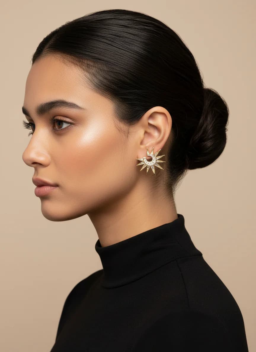 Altın Rengi Güneş Yıldız Zirkon Taşlı Küpe