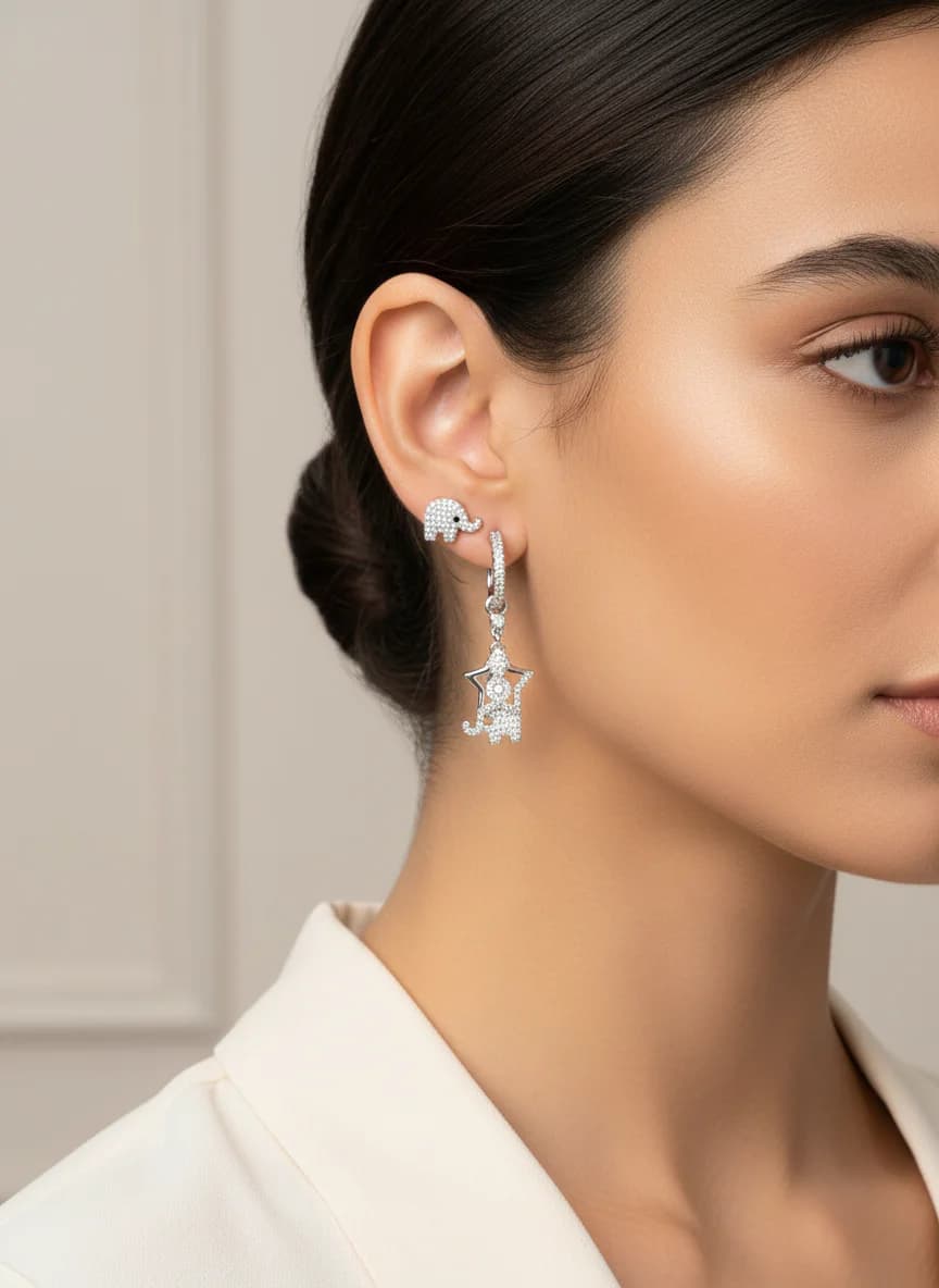 Asimetrik Fil ve Yıldız Zirkon Taşlı Gümüş Küpe Seti