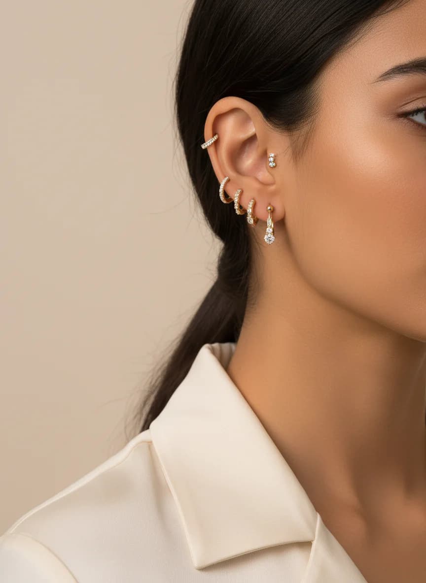 Şık Altın Rengi Zirkon Taşlı 6'lü Halka ve Damla Küpe Seti