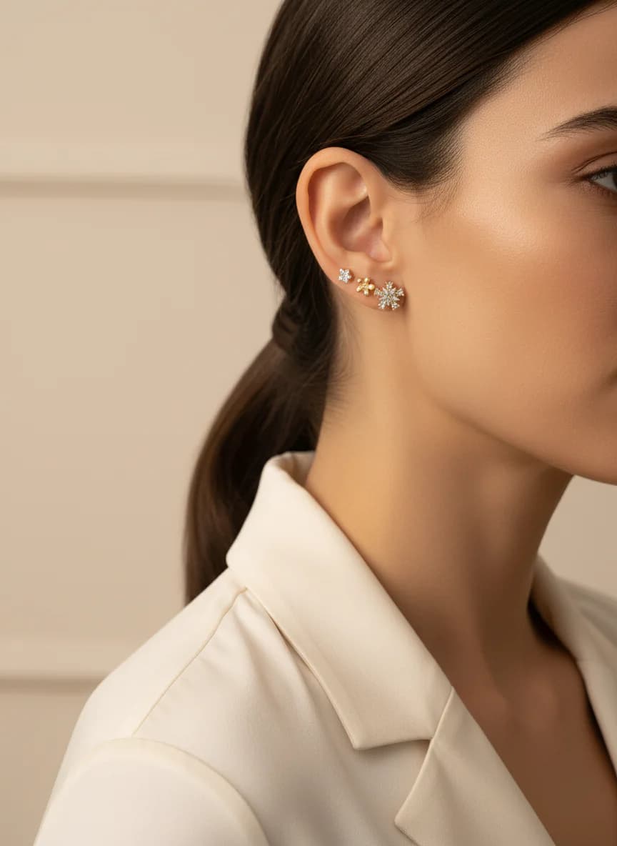 6'lü Altın Rengi Zirkon Taşlı Küpe Seti | Çiçek Kar Tanesi