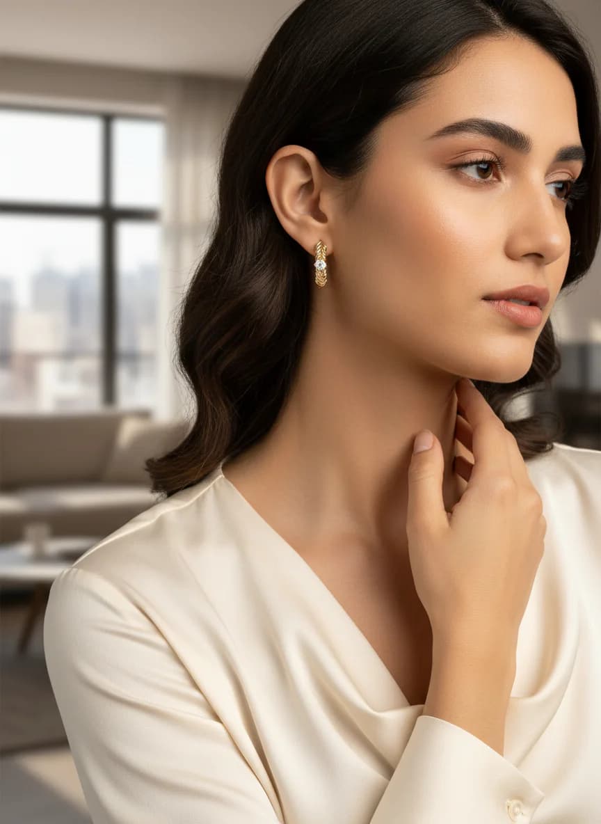 Altın Rengi Zirkon Taşlı Geometrik Halka Küpe Seti