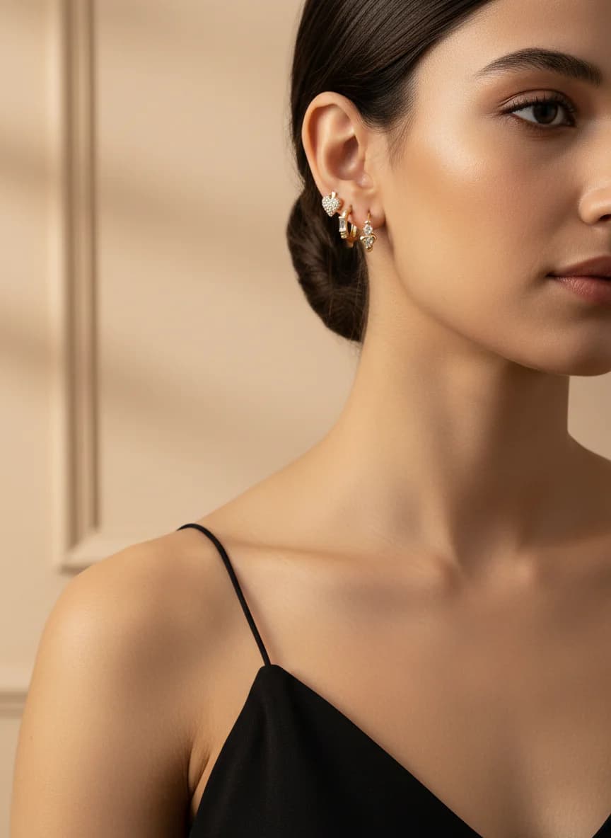 Altın Rengi Kalpli & Baget Taşlı 3'lü Küpe Seti