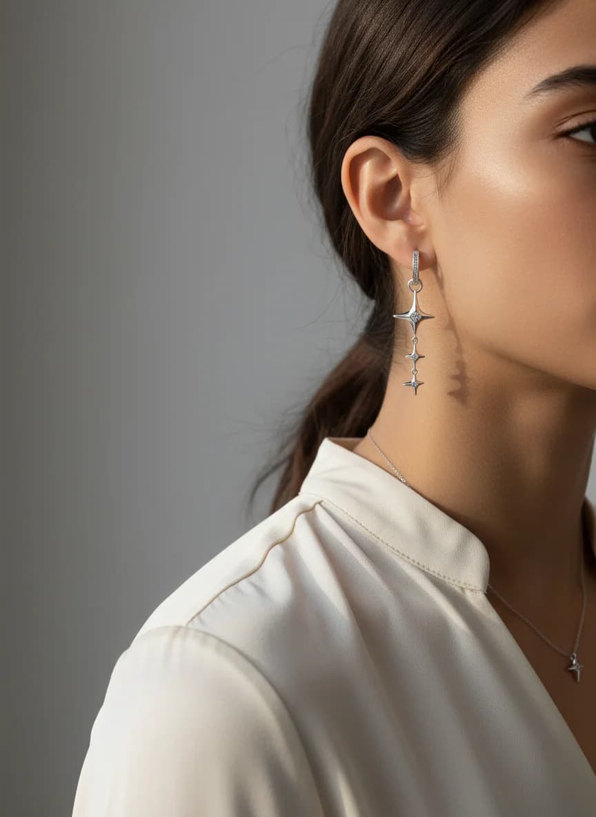 Yıldız Tasarım Gümüş Tekli Küpe Seti Zirkon Taşlı