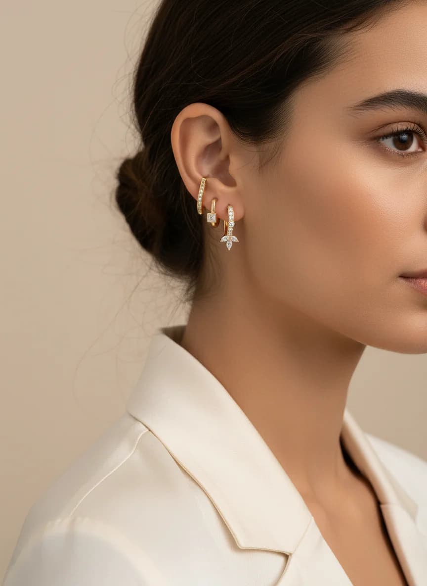 Altın Rengi Zirkon Taşlı 3'lü Küpe Seti | Modern Şıklık