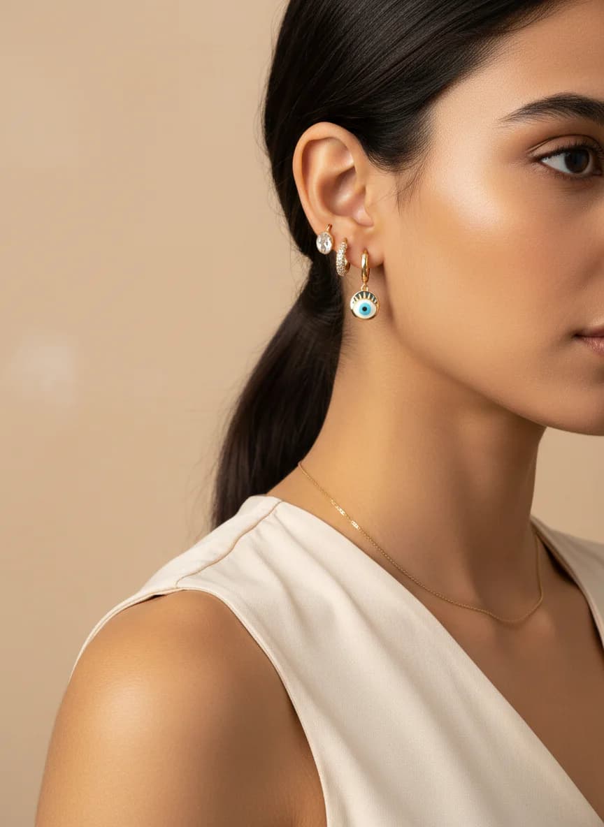 Altın Kaplama Zirkon Taşlı & Nazar Boncuklu Şık Küpe Seti