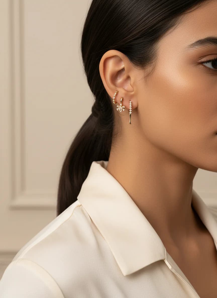 Altın Renkli Zirkon Taşlı 3'lü Kombin Küpe Seti