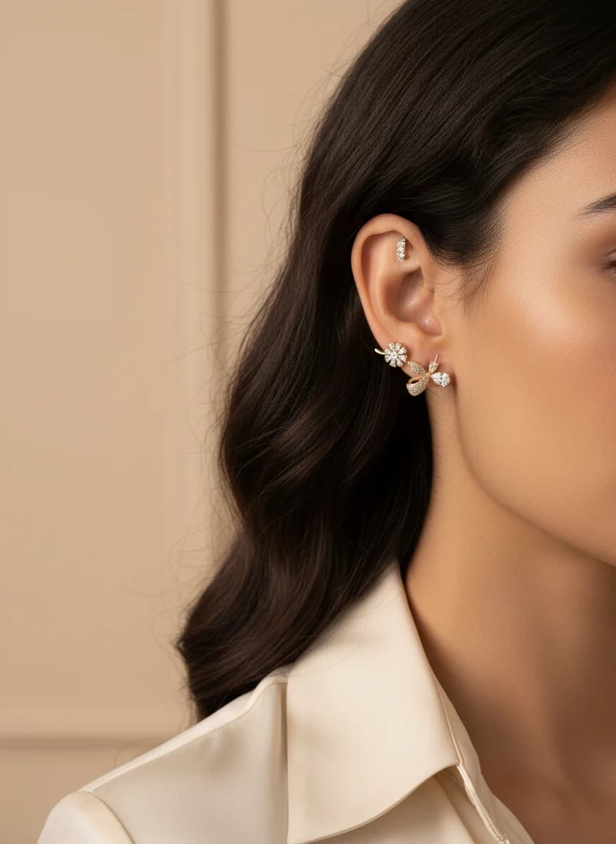 Altın Rengi Zirkon Taşlı 3'lü Kombin Küpe Seti