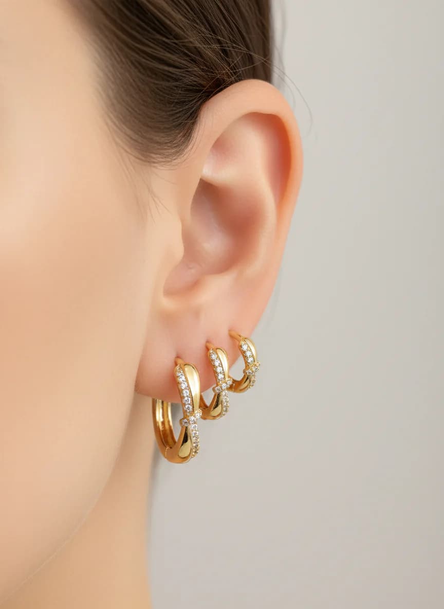 Altın Rengi Zirkon Taşlı 3'lü Halka Küpe Seti