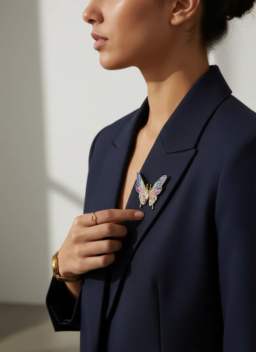 Altın Rengi Parlak Kristal ve Renkli Emaye Kelebek Broş